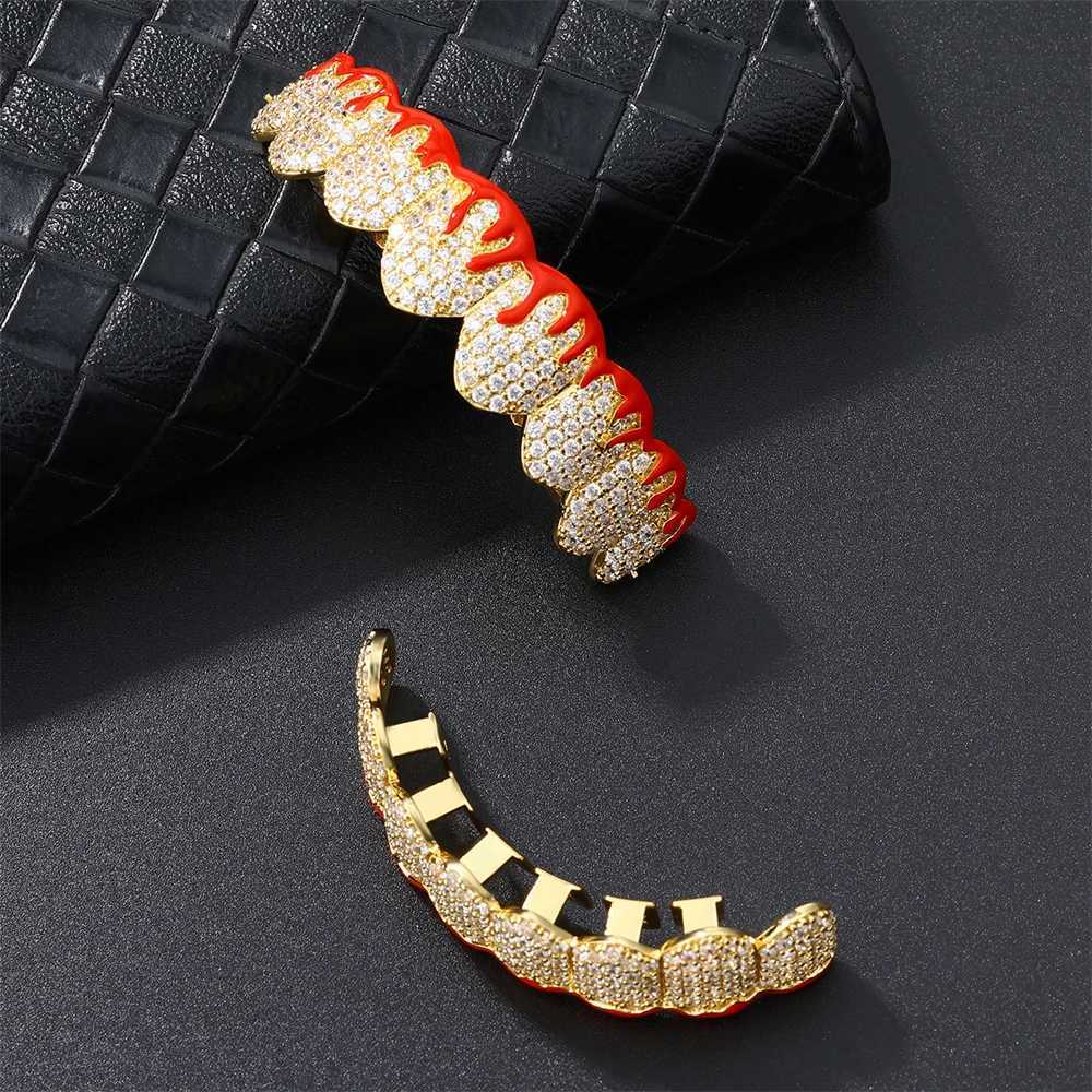 D Z Hip Pop Sparkling Cubic Zircon Blood Teeth Grilz Set for Neutral Top Bottom Oral Gold Silver Removable Dental Jewelry W250412