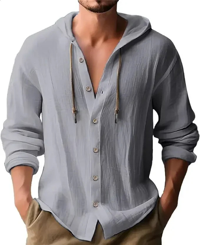 2025 Spring and Summer Mens Hooded T-shirt Solid Color Cotton Linen Mens Casual Long-sleeved Top 250411