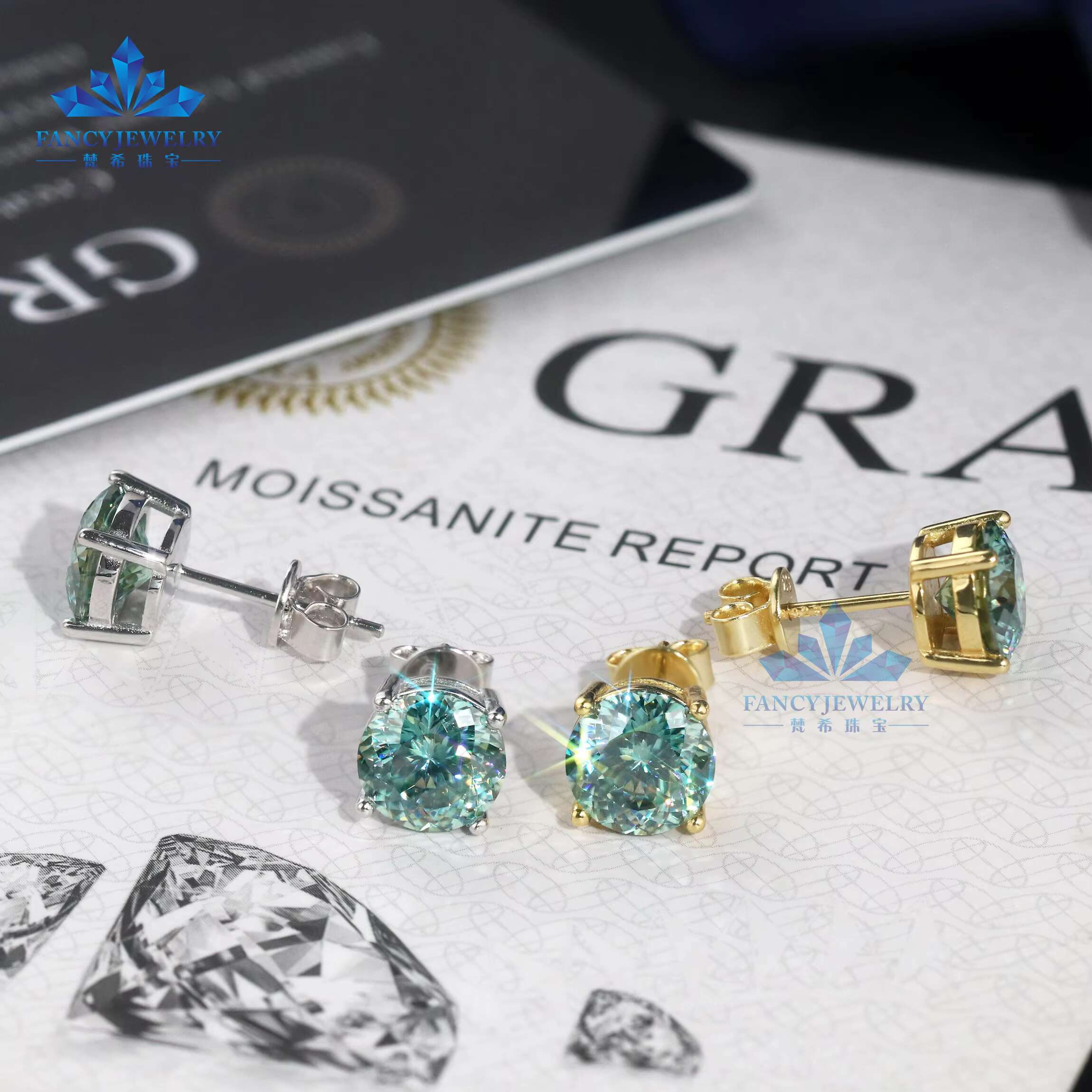 Professional Technology 925 Sterling Silver Stud Earrings 8mm Moissanite with Round Portuguese Cut Blue-Green Fine Jewelry