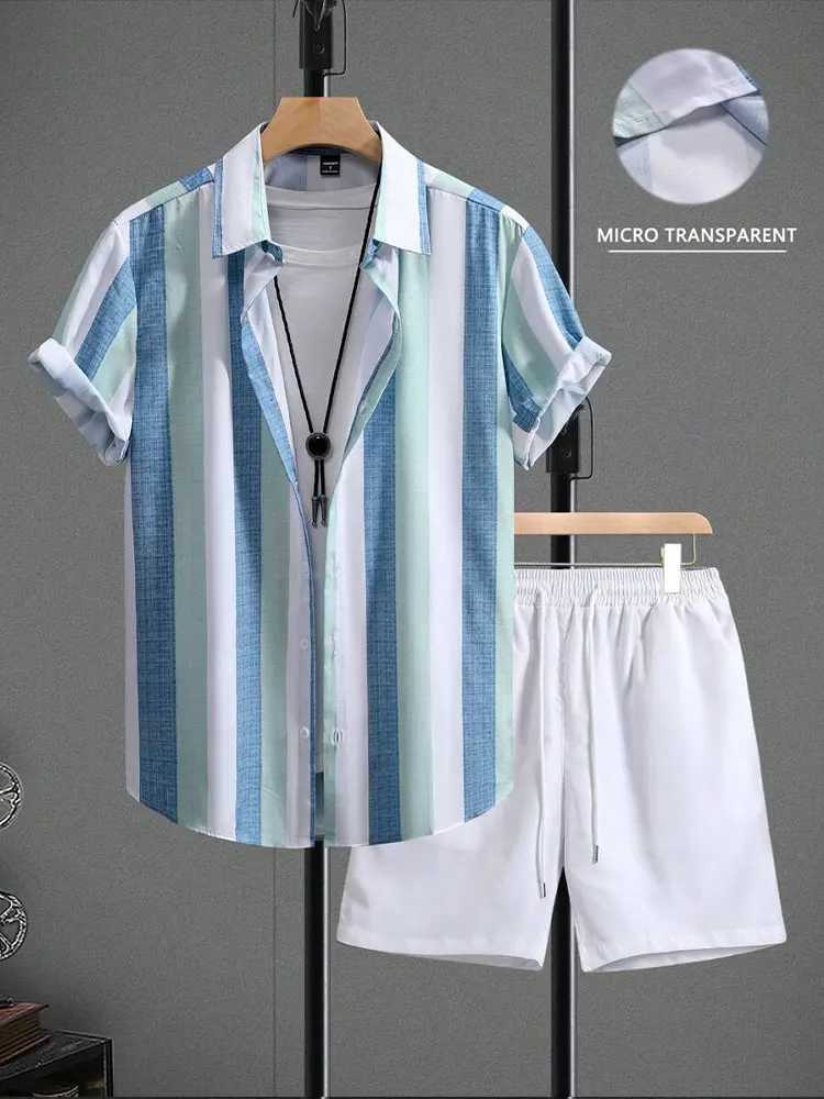 Hawaiian summer mens two-piece shirt set with striped print casual suit mens short sleeved beach shortsXJ250412