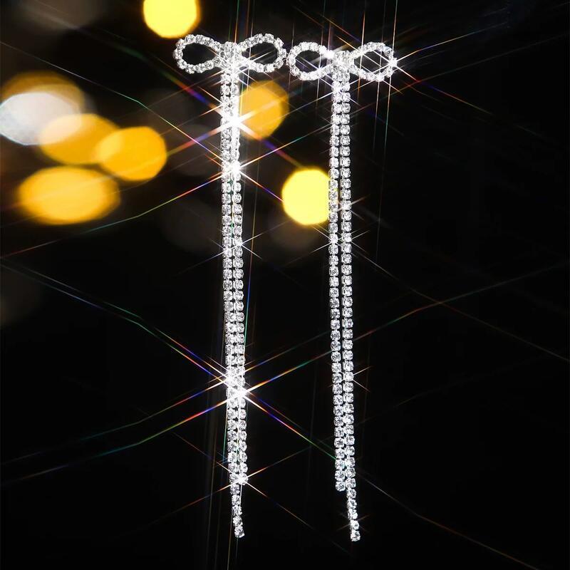 bridal sier bow rhie Women's Chandelier tassel Sparkg crystal Halloween long pendant earrings