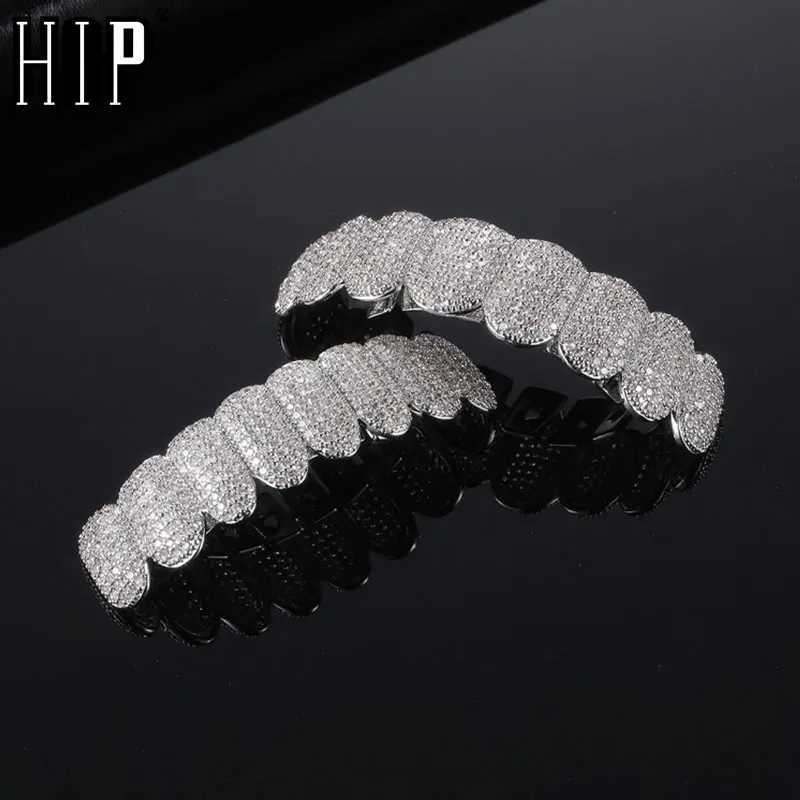 Hip Hop Full CZ Stones Teeth Grillz Hat Cube Zircon Ice Out Mini Paving Top and Bottom Charm Barbecue Set W250412