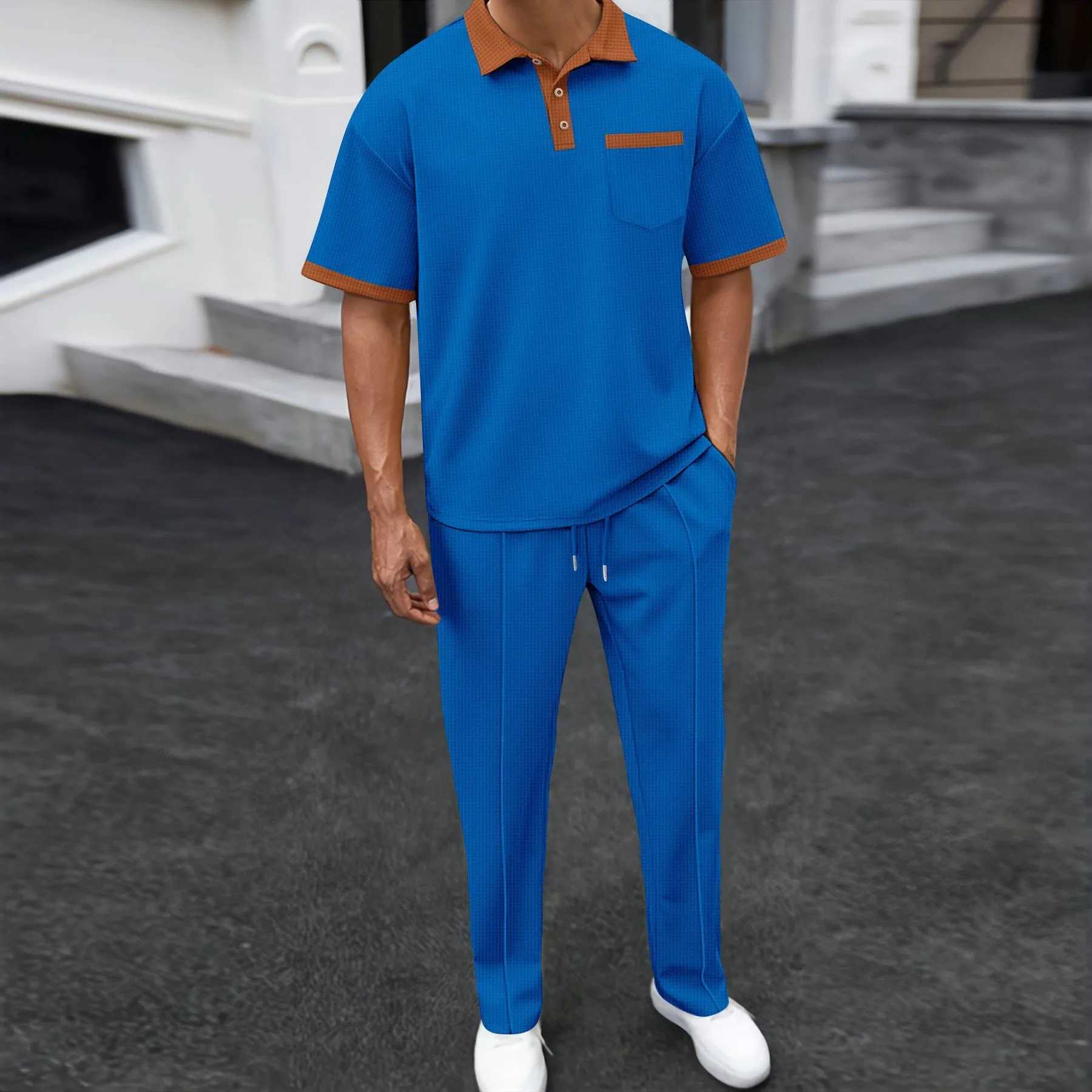 2025 Summer Mens Solid Color Waffle Neck Casual Pocket Polo Short Sleeve Pants SetXJ250412