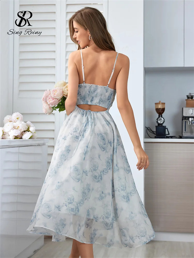 SINGREINY Women Floral Spaghetti Strap Dress Elastic Ruched Sexy Hollow Backless Party Dress Summer Boho Vacation Beach Sundress 250409