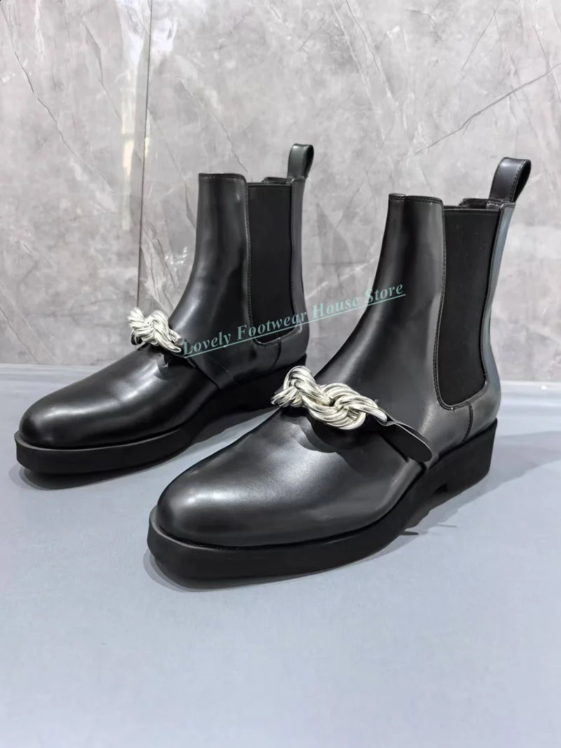 Style Metal Chain Decoration Man Black Genuine Leather Ankle Boots Spliced Knit Elastic Low Heel Male Slip On Boots Shoes 250411