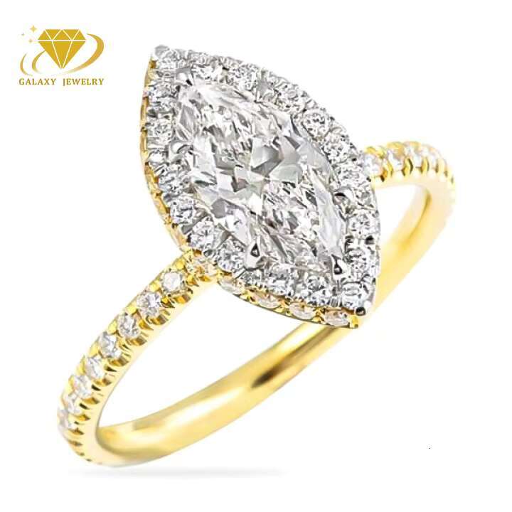 Custom Luster Jewelry 10k/14k/18k Yellow Gold Marquise Cut Moissanite Ring Two-Tone Halo Engagement Ring Gold Wedding Ring