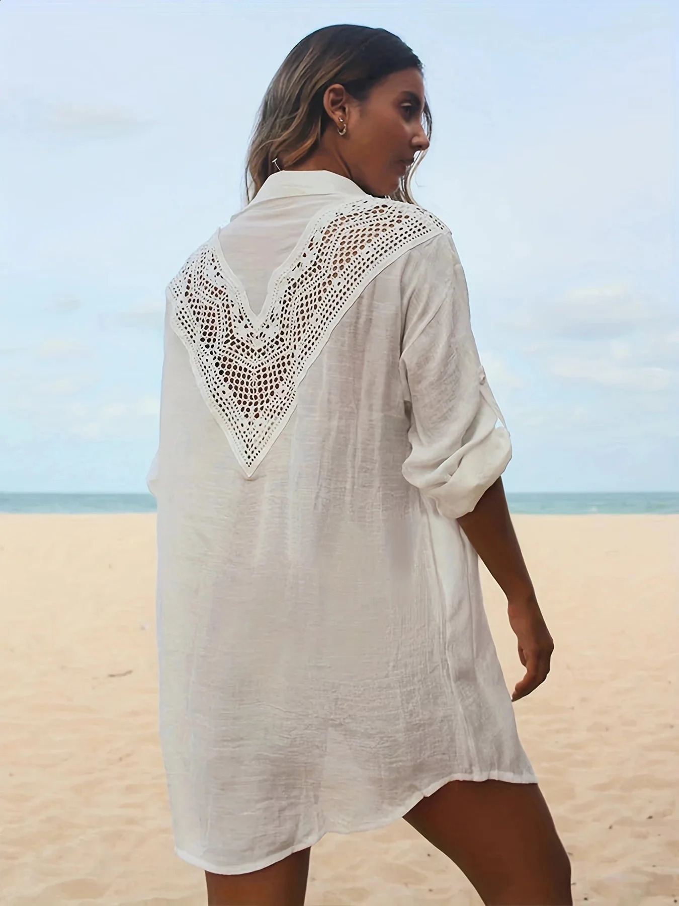 Women Bikini Cover Ups Long Sleeve Lace Hollow Out Loose Beach Dress Casual Sexy Shirt Dress Swimwear Cover-ups Female 250411