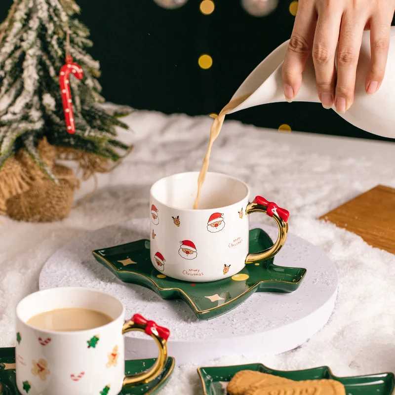 Christmas Style Ceramic Coffee Cup and Saucer Creative Cute Christmas Trees Saucer Christmas Elements Coffee Cup gift box H251112
