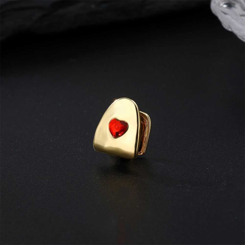 Hip Hop cubic zirconia red heart teeth Grilz gold-plated hat charm dental grill mens jewelry gift W250412