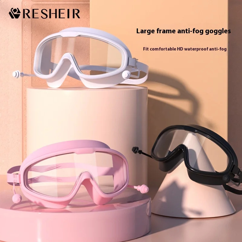 Risers Swimming Goggles Large Frame Nearsighted Swimming Goggles Waterproof Anti-fog HD Transparent One-piece Ear Plugs 250411
