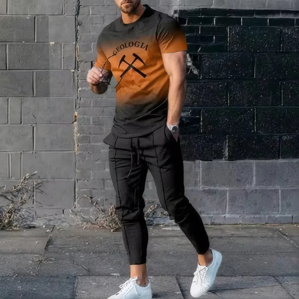 Summer fashion mens T-shirt set 3D printed sports shirt short sleeved T-shirt long sleeved pants 2-piece set 250411