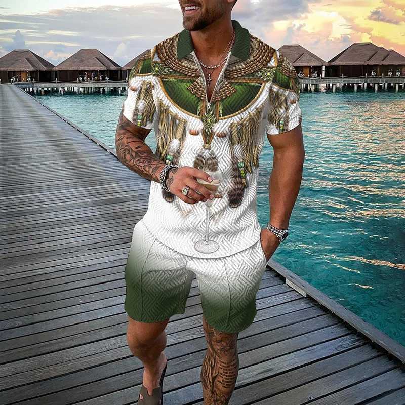 Zipper polo shirt 2-piece set for holidays and summer new mens 3D printed beach style casual clothing oversized and high-qualityXJ250412