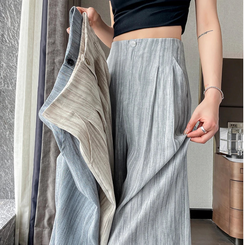 2025 Summer Tencel Linen Pants Women High Waist Tie-Dye Texture Thin Sunscreen Wide Leg Trousers 250411