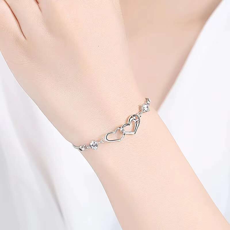 Wholesale 1Carat Moissanite Bracelet for Women S925 Sterling Silver Minimalist Fashion Double Heart Shaped Hand Chain Jewelry