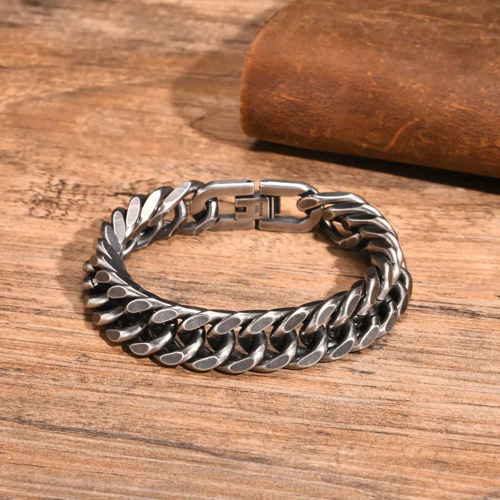 Chunky Retro Cuban Chain Bracelets for Men BoysGrey Stainless Steel Curb Chain Link WristbandVintage Cool Punk Jewelry GiftsC250411