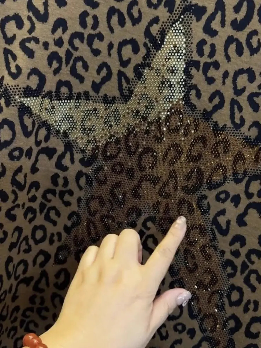 Leopard Print sequined womens short sleeved T-shirt loose fit top for summer 250410