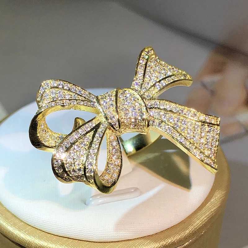 925 sterling silver Exquisite Birtay Bow fashion jewelry yellow gold bow ring and white zircon ring womens party jewelryXJ250412