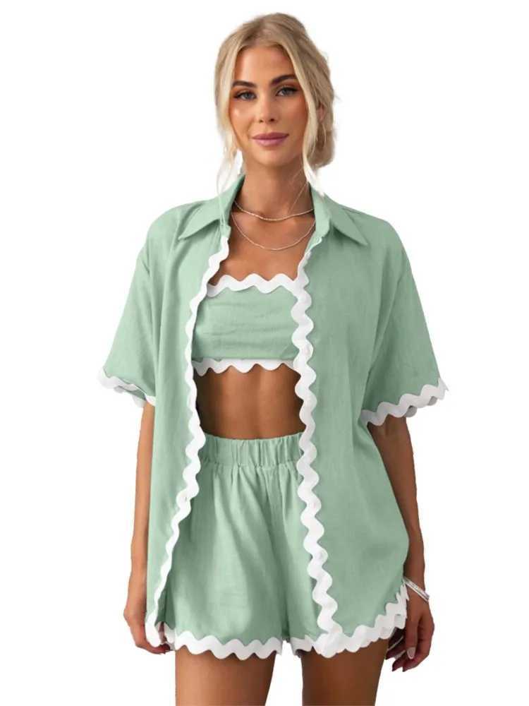Simple and fashionable wave splicing solid color short sleeved two-piece set for womens casual summer short sleeved shirt setXJ250411