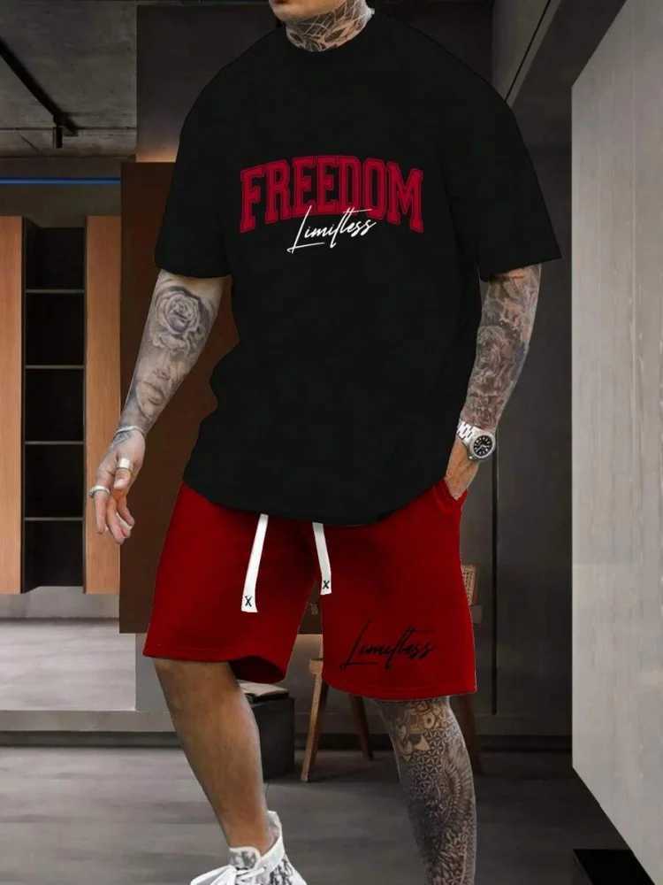 2-piece set of Los Angeles letter printed mens short sleeves and short sleeves set daily casual mens T-shirt street fashion sports short sleevesXJ2504