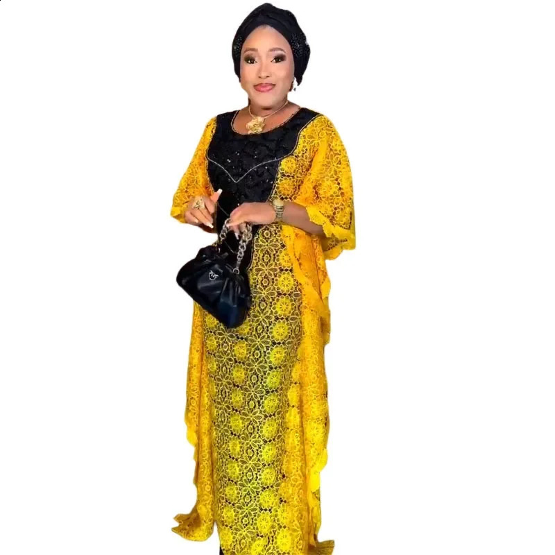 African Womens Wedding Party Dress Autumn 34 Sleeves plus Size Lace Long Clothing 250411