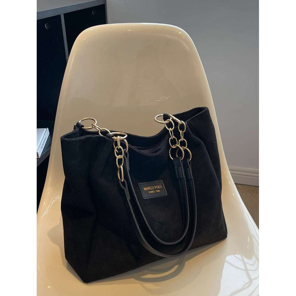 Stylish Suede Shoulder Bag, Letterstick Details Chain Trim Handbag, Lady High Volume Tote Bag