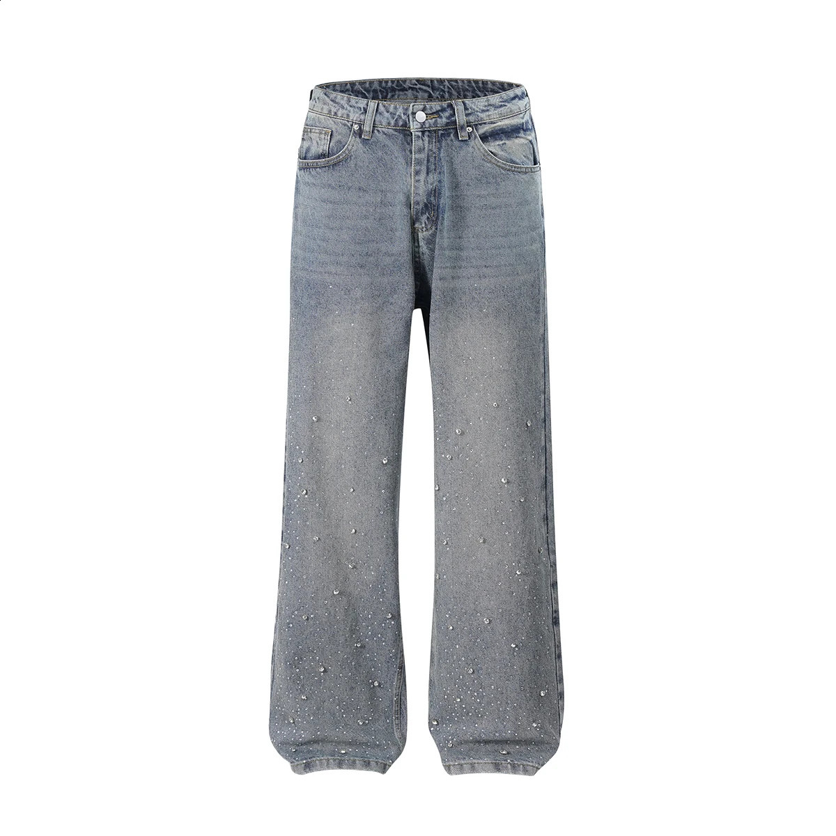 Full rhinestone printed straight blue pocket jeans mens streetwear loose casual denim oversized cargo pants 250410