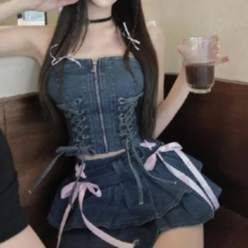 Vintage Y2k sweet Sweet 2 Piece Set Denim Mini Skirt Women Ruffle Kawaii Bow Coquette Skirt Summer Black A-line Short Suits 250411