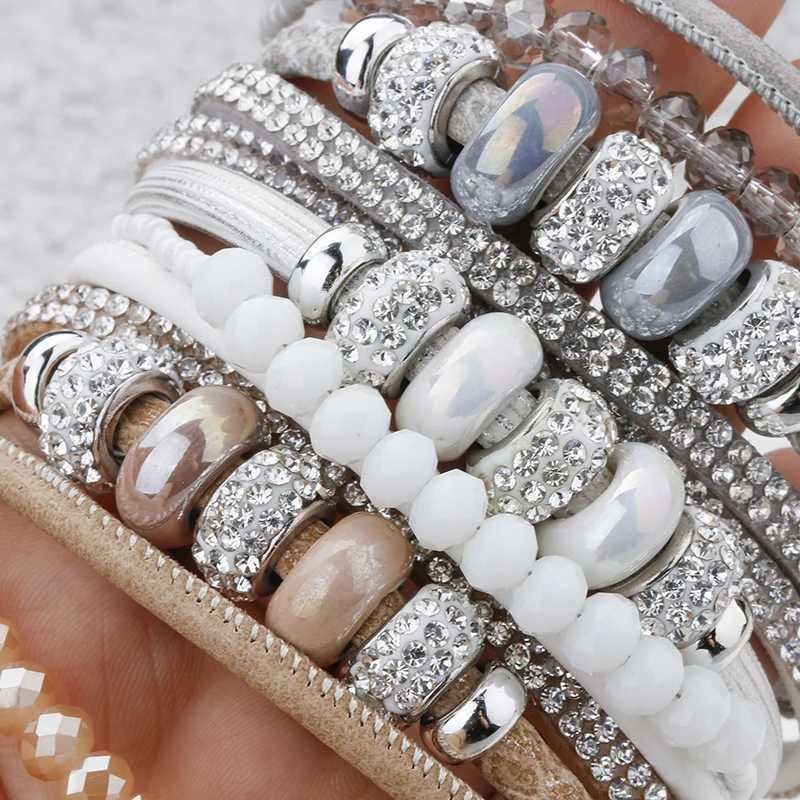 Amorcome Multilayer Leather Bracelets for Women Magnetic Clasp Boho Ceramic Bead Charm Wrap Bracelet Female Jewelry DropshippingC250411