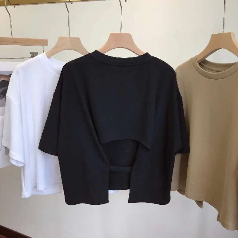 Summer New Ladies Casual Backless T-Shirt 2023 Korean Women Round Neck Loose Sweet Spicy Wind Short-Sleeved Crop Tops