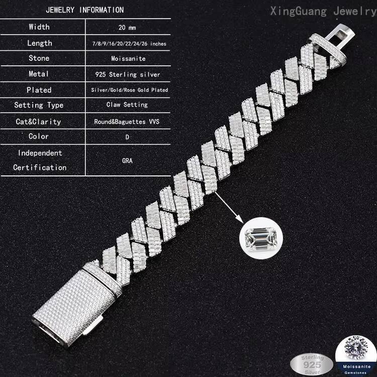 Luxury Hip Hop Chain 20mm Wide Silver Necklace VVS Moissanite Baguette Moissanite Diamond Cuban Link Chain