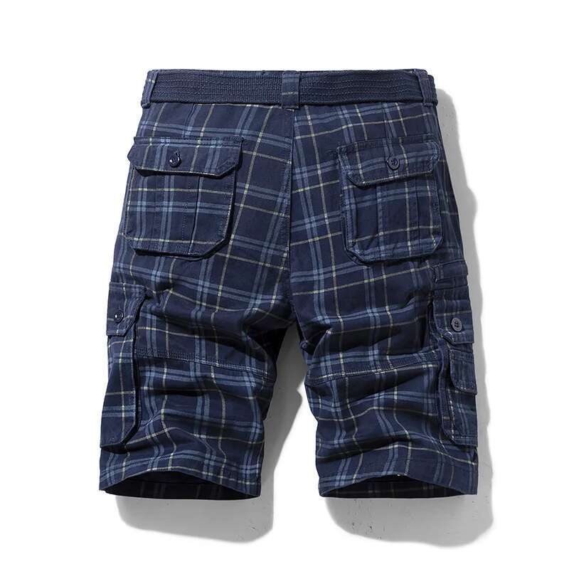 2023 New Summer Fashion Plaid 100% Cotton Casual Breeches Cargo Men Breathable Quick Dry Multi Pocket Hip Hop Shorts