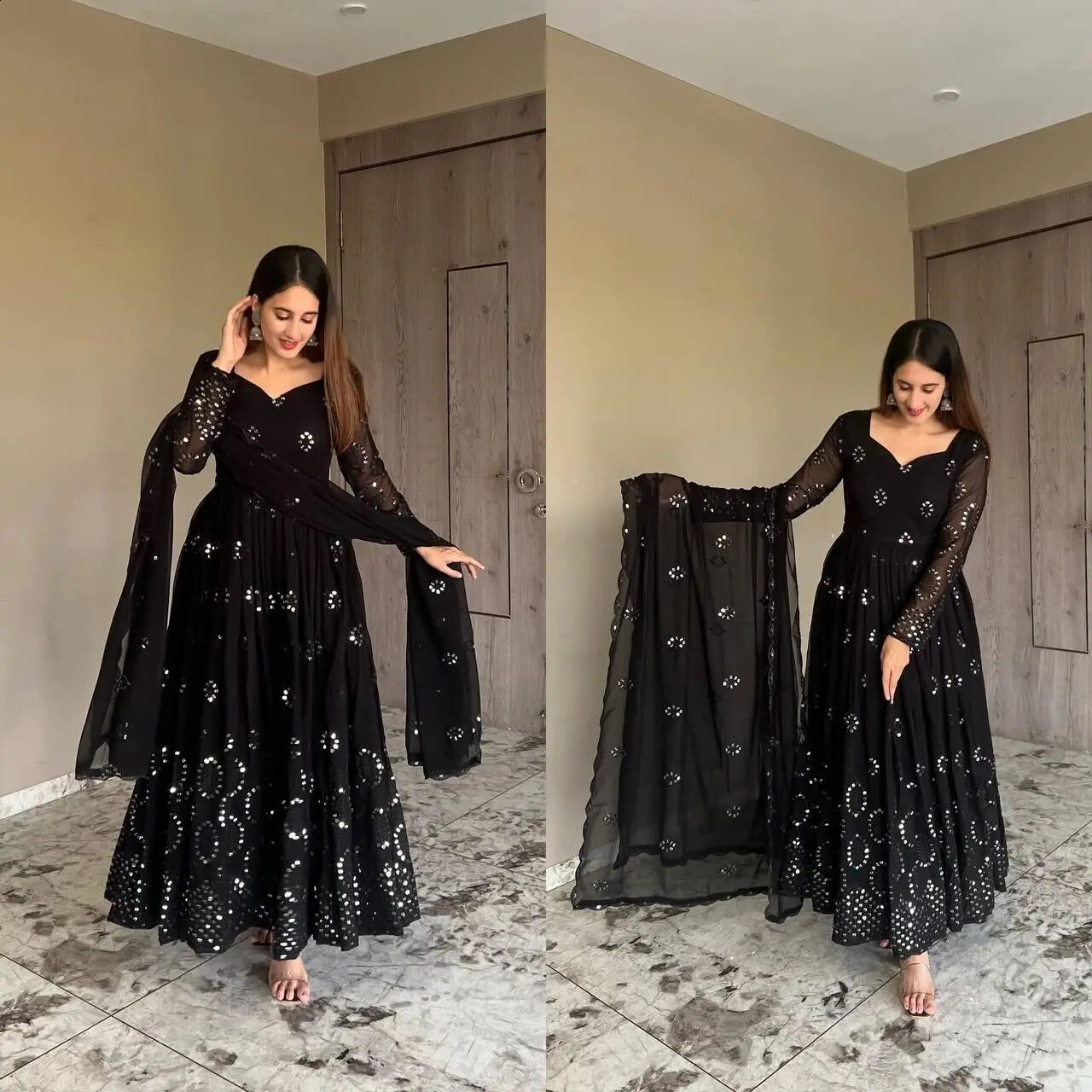 Black Salwar Kameez heart-shaped collar elegant long sleeved sequin decoration traditional Indian clothing three piece set 250411