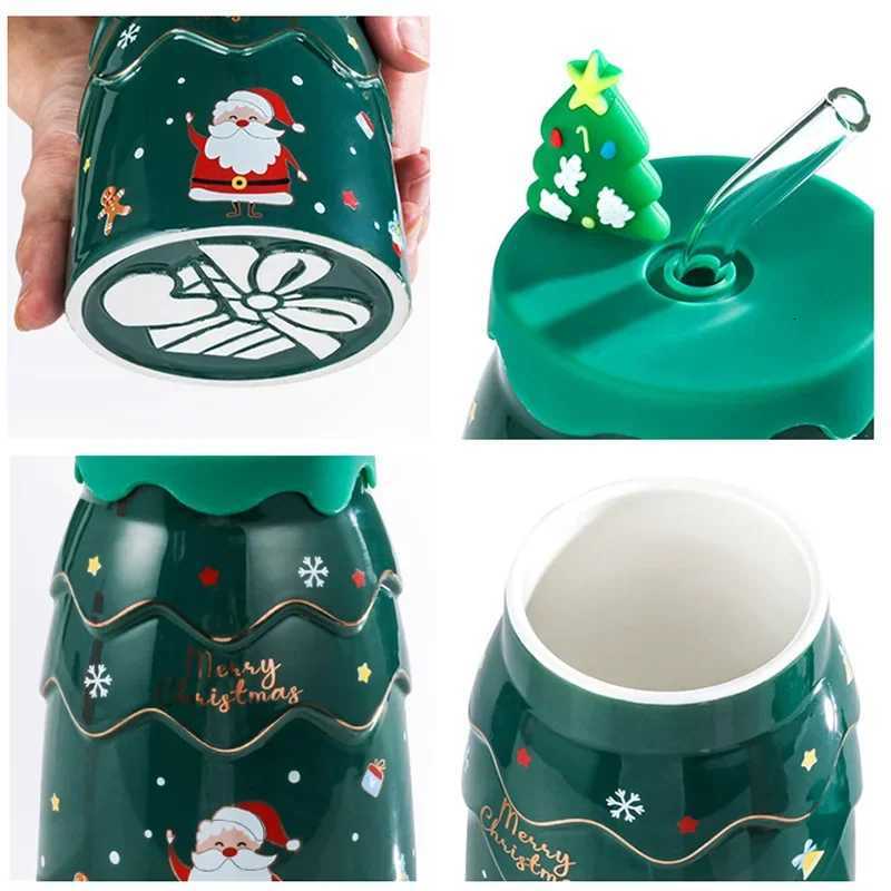 Christmas Creative Christmas Mugs Cartoon Xmas Tree Shape Santa Claus Elk Snowman Bell Ceramic Cup with Lid and Straw Coffee Mug Xmas Gift Y251112