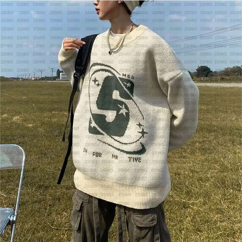 Capital Letter Print Solid Color Retro Men's And Women's Autumn Winter Sweaters Haruku Crew Neck Oversized Baggy Knitted Top
