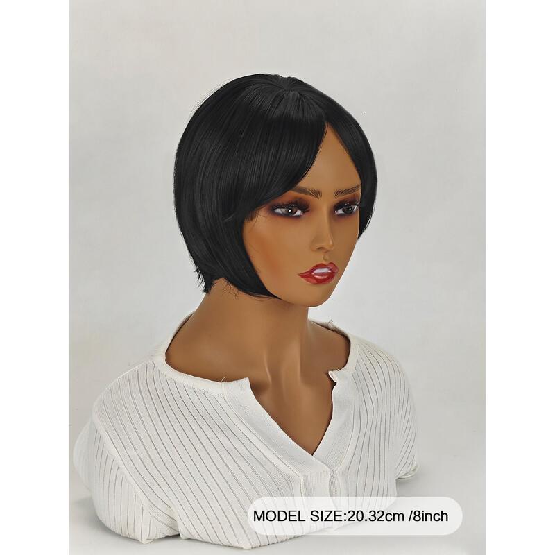 8 inch Straight Short Bob Hair Flat Bangs Cute Central Dot Skin Top Heat Resistant Synthetic Wigs (Natural Black)