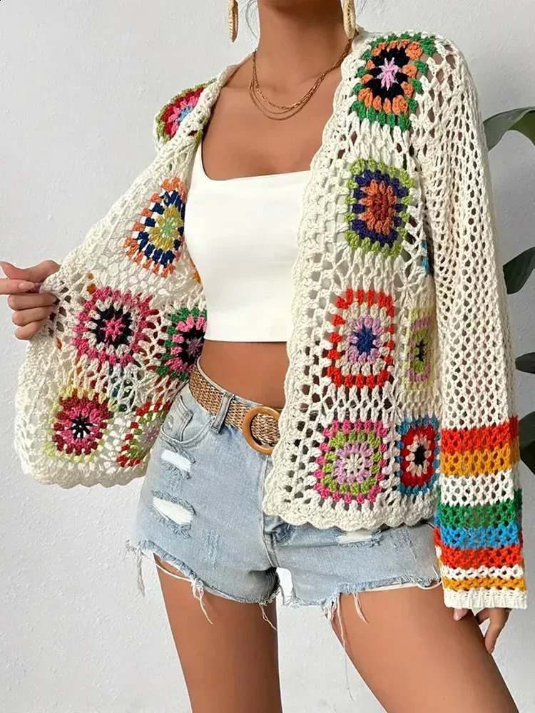 Abrini Women Vintage Boho Long Sleeves Cardigan Chic Floral Hollow Knitted Shirt Casual Beach Vacation Women Cardigan Coat 250411