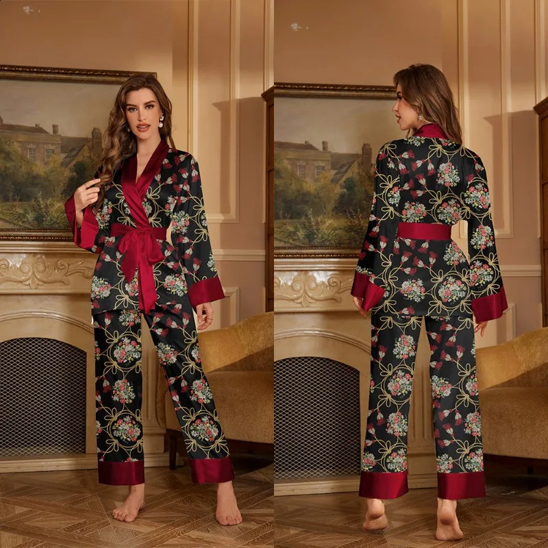 Ice Silk Pajamas Suit Autumn Summer Womens Long-sleeved Set Fashion Style Homewear Female Two-piece Sleepwear Female 250411