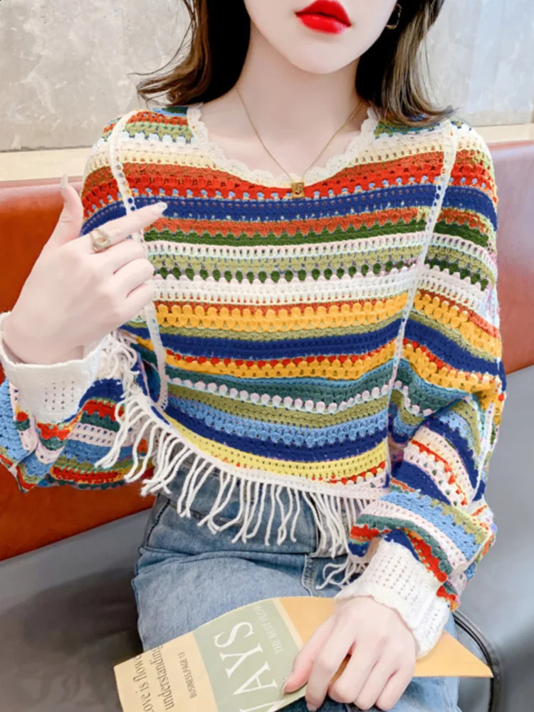 #3266 Summer Knitted Pullover Sweater Women Thin Batwing Sleeve Loose Sexy Striped Short Knitwear Pullover Tassels Hollow Out 250411