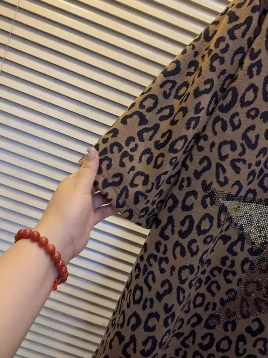 Leopard Print sequined womens short sleeved T-shirt loose fit top for summer 250410