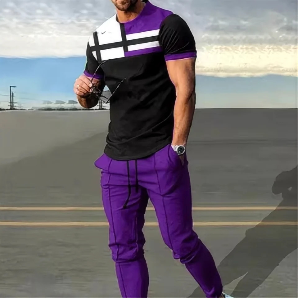 Summer fashion mens T-shirt set 3D printed sports shirt short sleeved T-shirt long sleeved pants 2-piece set 250411