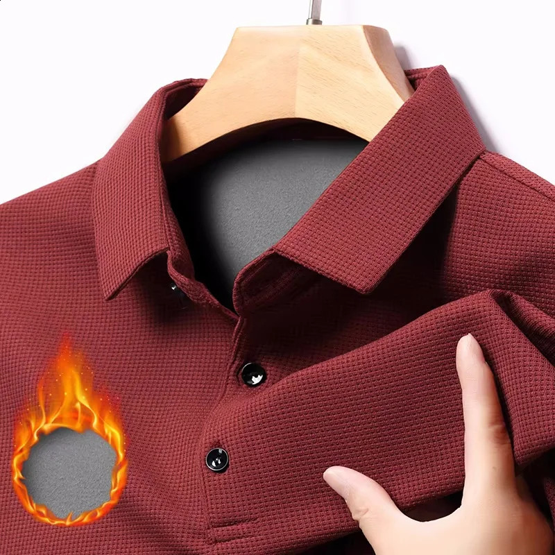 Waffle Fleece Thicken Fashion Polo Shirt Men Winter Warm Plush Business T-Shirt Tops Male Casual Button Lapel Long Sleeve Shirts 250409