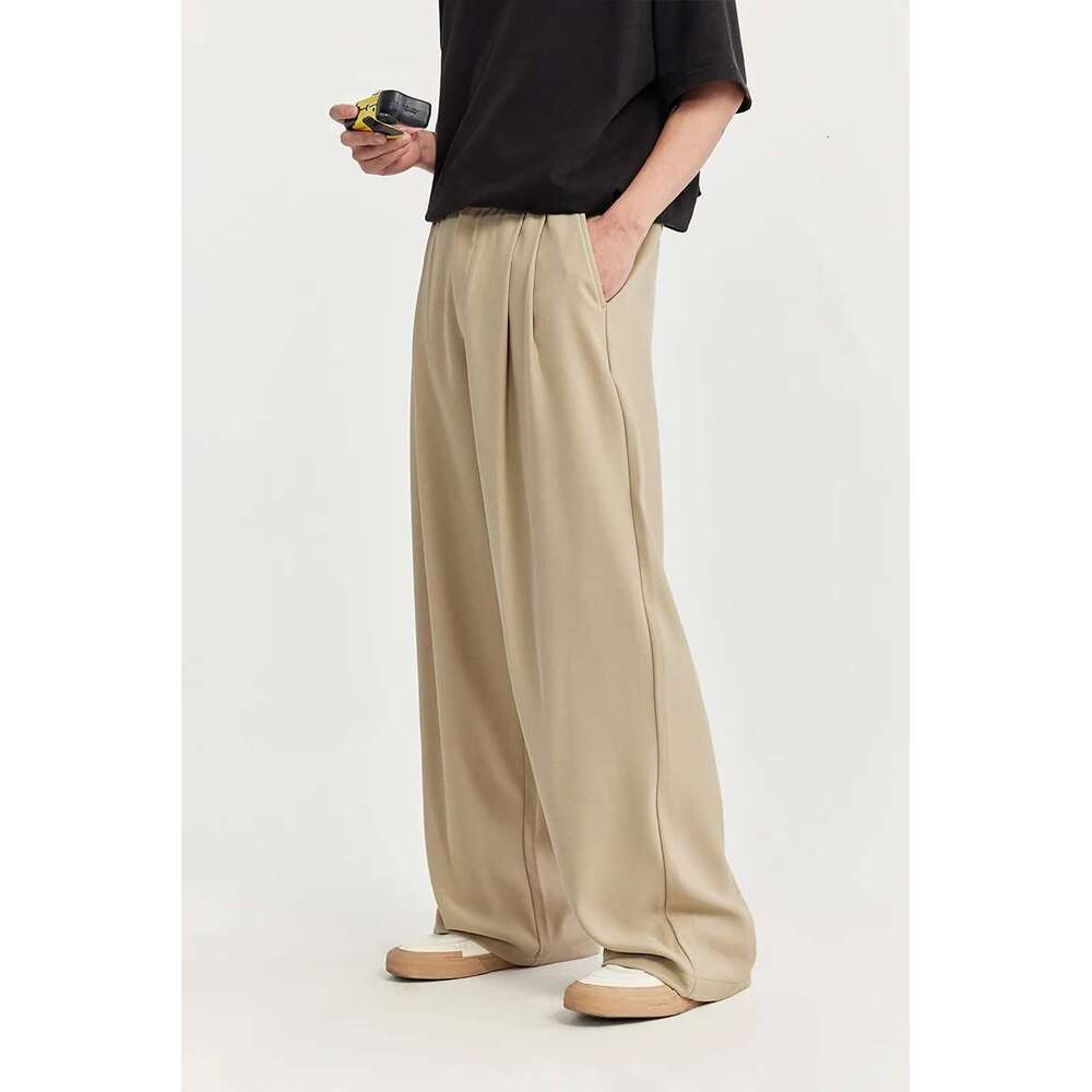 Black Wide Leg Suit Pants Men 2024 Trendy Elastic Waist Drape Casual Trousers Unisex