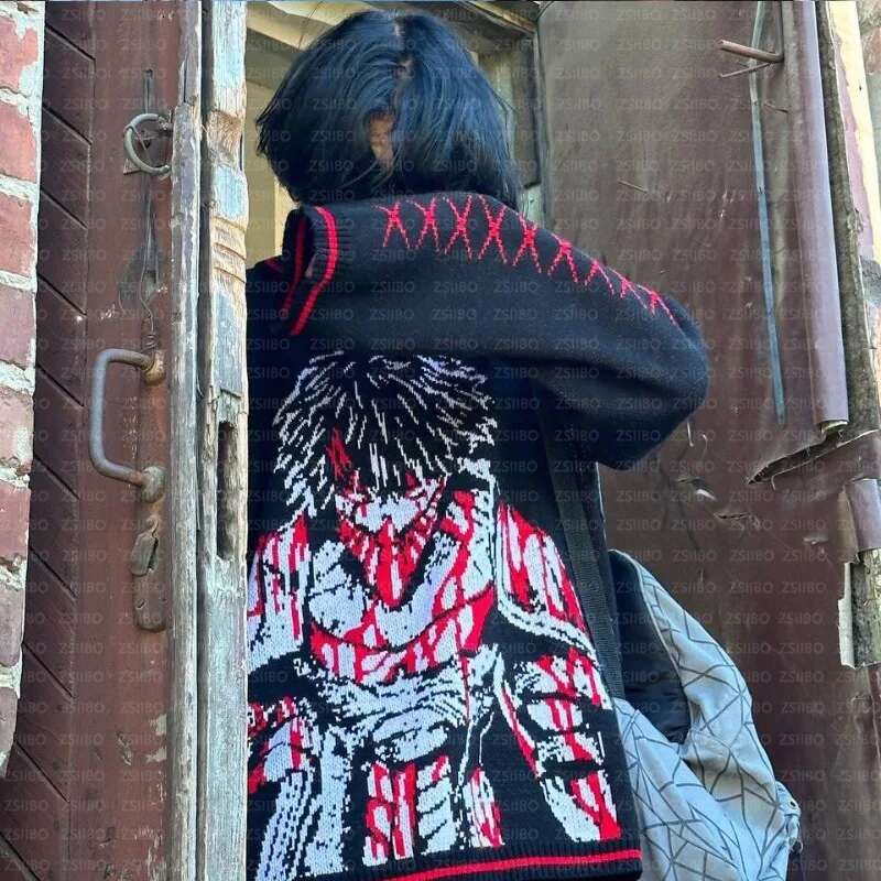 Gothic Black Cartoon Anime Jacquard Knitted Y2k Winter Warm Oversized Women's Sweater 2000S Punk Hip-Hop Streetwear