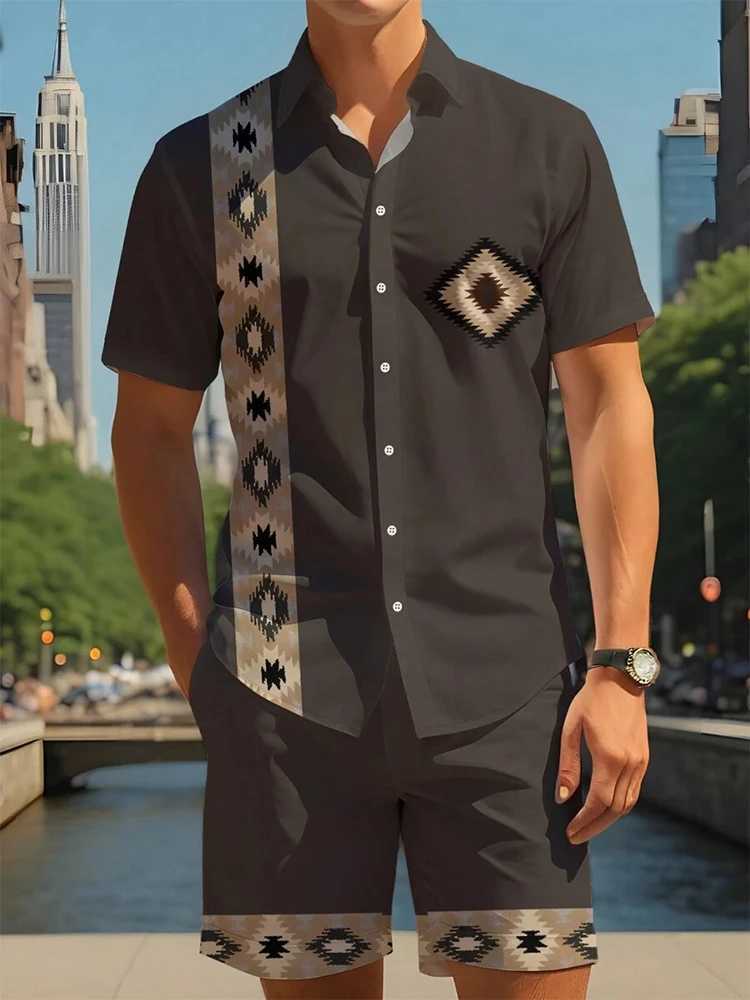 Summer daily mens short sleeved street fashion beach shorts patch work striped printed mens casual shirt and shorts setXJ250412