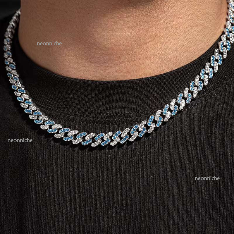 Fashion 12mm Hip Hop Sier Iced Out Chain Tow Color Moissanite Dia Fine Jewelry VVS Quality Cuban Necklace Men's