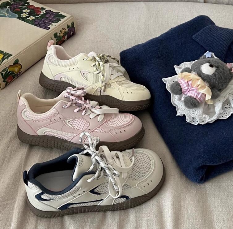 Pink double net German training board shoes for women ugly and cute spring and summer new style chic niche Korean version low top versatile sports whi