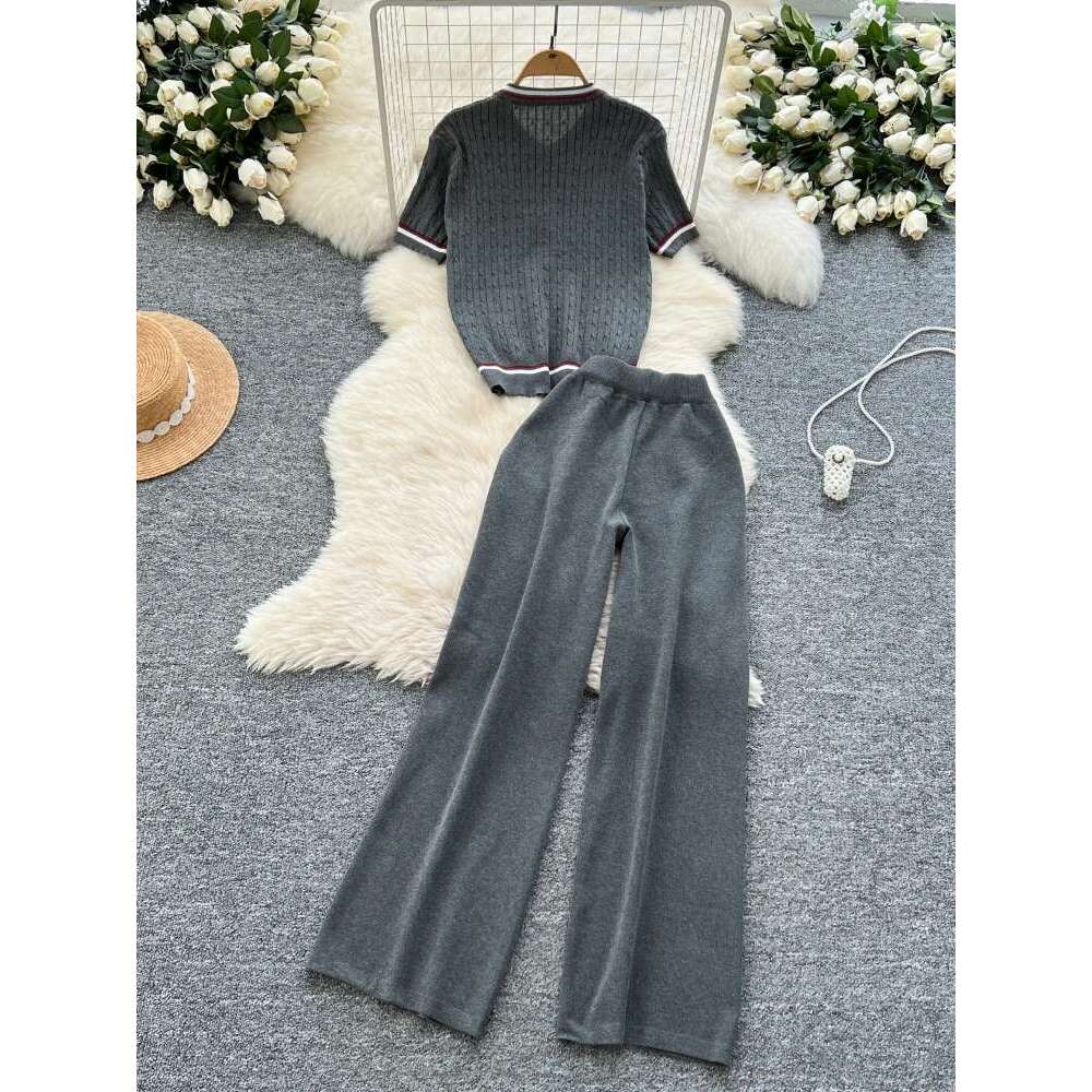 Summer Causal Fashion 2Pc Set Korean Style Knitting Suits Women Puppy Embroidery Color Block Tops+Wide Legs Long Pants