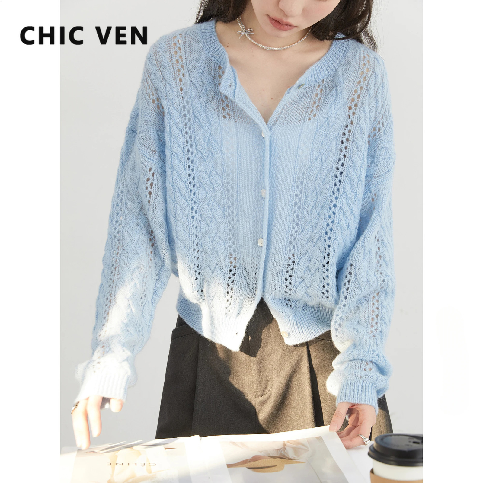 CHIC VEN Female Cardigan Loose Casual Mohair Hollow Knitted Sweaters Female Short Jumpers Spring Summer 2025 Tops 250411