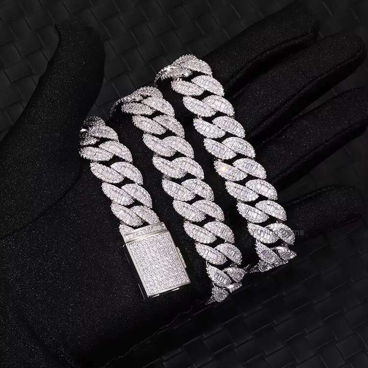 Customized Mens Jewelry 15mm S925 Sterling Silver Cuban Chain baguette Moissanite Diamond Hip Hop baguette Cuban Link Chain