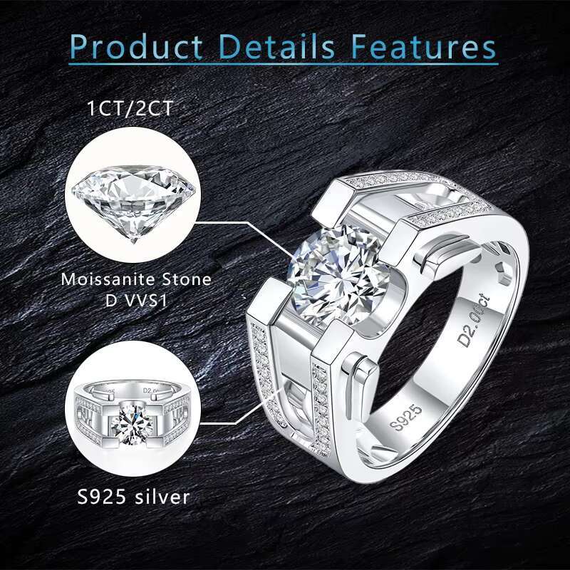 White Gold S925 Silver Rings DVVS1 Moissanite 1CT 2CT Round Shape Moissanite Stones Men Silver 925 Ring